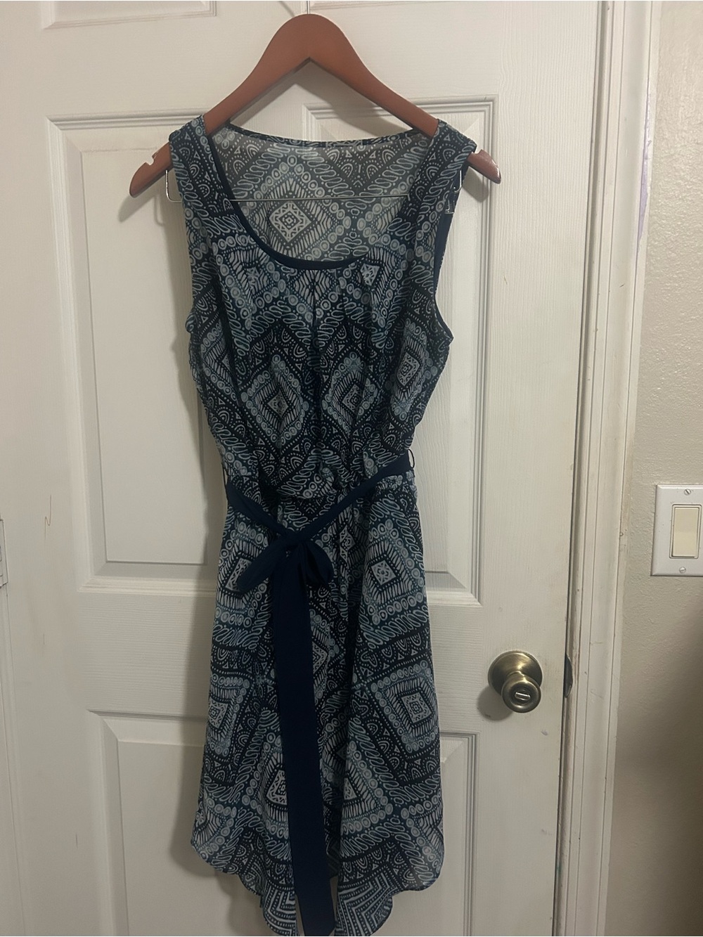 AB Studio Navy and Light Blue Geometric Midi Dress with Tie Waist